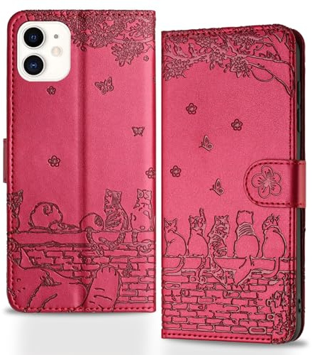Butnyeoe Mobiltelefonskal för iPhone 12/iPhone 12 Pro, staketkatter, vikbart fodral, präglat PU-läder, plånbok, skyddsfodral, väska, flip fodral, magnetiskt vikbart fodral med kortfack stativfunktion,
