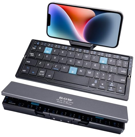 BRIMFORD Teclado plegable, teclado silencioso plegable con soporte para teléfono móvil para iPhone, Samsung, iPad, Mac, Android, Windows, iOS.Diseño portátil fabricado en aleación de aluminio (negro)