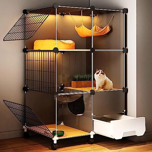 Katzengehege Balkon, Katzenkäfig mit Katzentoilette, DIY-katzengehege, Großer Laufstall, Abnehmbare Metalldrahthütte für Den Innenbereich, Großer Übungsplatz, Ideal für 1–2 Katzen