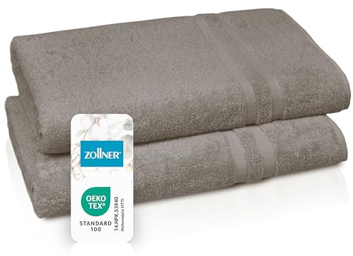 ZOLLNER Set de 2 draps de Sauna en 70x180 cm - Serviettes moelleuses en Coton - avec Bordure Moderne à Rayures - lavables jusqu'à 60°C - avec accroche Pratique - en Fango - qualité hôtelière