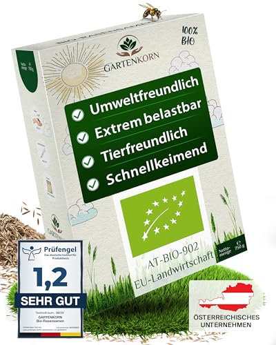 Gartenkorn Bio-Rasensamen schnellkeimend 750g für 30m², Grassamen für Lücken & Rasen Nachsaat, Rasensaat für Frühling & Herbst, Saatgut Turbo Schnellrasen