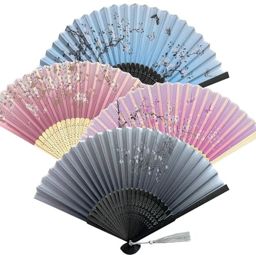 4 Stück Faltbare Fächer Handfächer,Bambusfächer mit Quaste,Holz Geschnitzten Bambus Handheld Faltfächer,Hand Fan Asiatische Deko für Wanddekoration,Geschenke