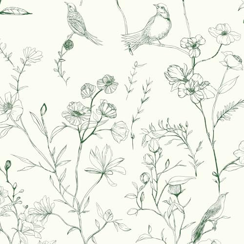 CiCiwind Self Adhesive Wallpaper 44cm×3m Floral Wallpaper Beige Green Flower Bird Contact Paper Peel and Stick Wallpaper Waterproof Sticky Back Plastic Thicken Wall Cabinets Vinyl Wrap