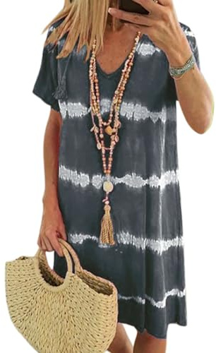 BFDSGWQ Batikkleid für Damen, Sommerkleid für Damen, gestreift, Strandurlaub, V-Ausschnitt, Sommerliches, lässiges T-Shirt-Kleid (D,5XL)