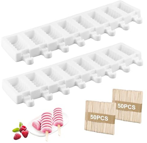 huahuo Ice Lolly Moulds with Sticks 2 Pcs, Silicone Ice Lolly Mould with 100 Lollipop Sticks, Ice Cream Moulds 8 Cavities Lolly Moulds for Kids Adults Dessert Chocolate DIY