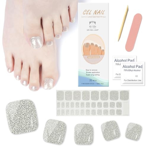 Ceboic 32 stycken gelnagelstickers för fötter, klistermärken för finger- och tånaglar, självhäftande nagelkonstklistermärken, silverglans