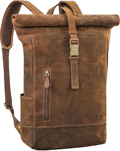STILORD Harriet Vintage Rolltop Rucksack Leder mit Laptop-Fach 15,6-17 Zoll Fahrradrucksack Kurierrucksack für Damen und Herren aus weichem Leder Farbe:Calais - braun