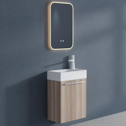 doporro Badmöbel-Set Waschbecken Hell Eiche 46x26x63cm mit LED-Spiegel | Badezimmer-Set Waschplatz Waschbecken mit Unterschrank & LED-spiegel – platzsparend für Gäste-WC & kleine Bäder Pisa