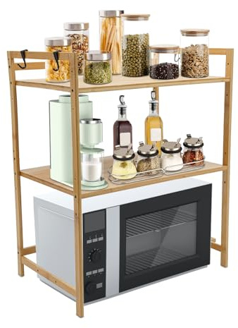 3-Tier Kitchen Shelf Above Microwave, Wooden Microwave Stand, Adjustable Microwave Oven Rack with 4 Hooks & Cutting Board Stand, Countertop Tableware Bakers Storage Shelf Over Microwave for Kitchen