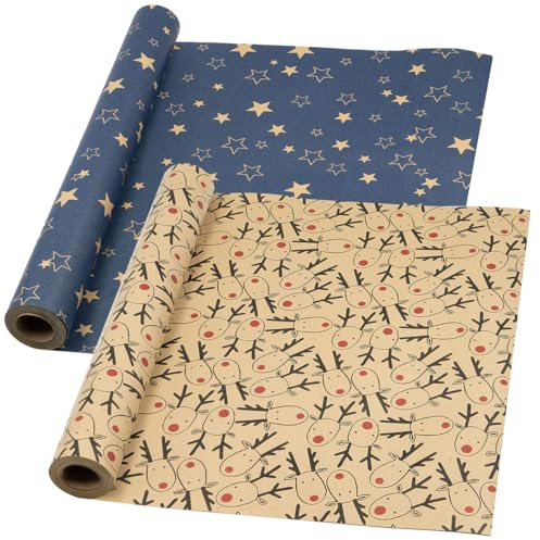DOJoykey Weihnachts-Geschenkpapierrolle: 2 Rollen Geschenkpapier, festliches, recycelbares Kraftpapier, 43 cm x 15 m, zum Verpacken von Geschenken für Weihnachtsfeiern