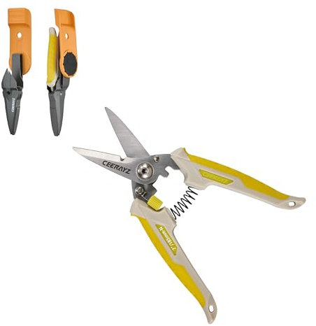 CEERAYZ 185mm Notch Scissors All Purpose Heavy Duty, Garden Shears, Scissors for DIY Projects, Office, Production Lines, Pruning, with Protective Sheath and Magnetic Holder (Brown/Yellow)