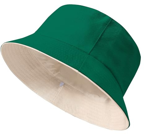 Xnova Fischerhut Damen Reversibel, Bucket Hats Baumwolle Faltbarer Anglerhut mit Breiter Krempe, Beidseitigen UV-Schutz Sonnenhüte Unisex Sommer Hüte Reisezubehör (Grün-Beige, M:60-62cm)
