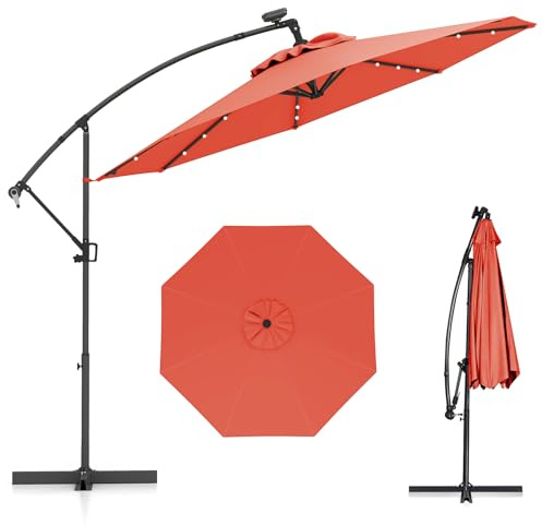 COSTWAY Parasol Déporté Professionnel 3M, Parasol de Jardin Extérieur 32 LED Solaire avec Manivelle, Inclinable et Rotation à 360°, Socle en Croix, pour Patio, Terrasse, Balcon (Orange)