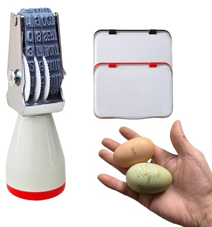 Homvik Kit de Marquage d'Œufs, Tampon Dateur, 2 Tampons Encreurs Rouge et Noir, Caoutchouc 4mm, Disponible Pour Les œUfs De Poule/Duck Et Diverses éTiquettes De Papier (Blanc)