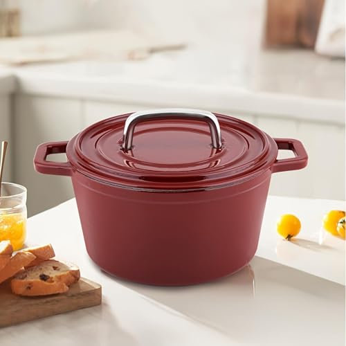 Casseruola in ghisa, teglia smaltata con coperchio, adatta al forno, pentola da 24 cm per cuocere, brasare e arrostire, rossa