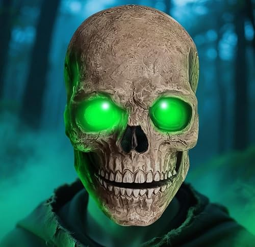 BUOAZR Scary Latex Maske, Halloween Totenkopf Maske mit Beweglichem Kiefer und Glühende grüne Augen, Gruselige Latex Vollkopf Skull Mask ideal für Halloween, Karneval, Cosplay Requisiten