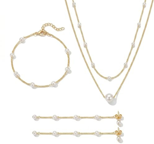 CHarmeFleur Gold Jewelry Set for Women - Dainty 14K Gold/Silver Plated Pearl Choker Necklace, Drop Earrings & Bracelets - Wedding Trendy Pearl Jewelry Gift