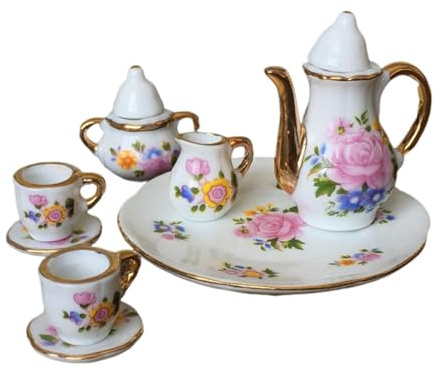perfeclan Juego de tazas de té en miniatura para casa de muñecas a escala 1:6, plato y tetera de cerámica ligera con diseño de flores