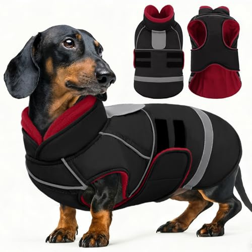 SUNFURA Kleiner Hundemantel, warmer Hunde-Wintermantel, verstellbare Haustierjacke mit Loch für die Leine, wasserdichte Haustier-Schneejacke, Welpenpullover, Mäntel, Schwarz, Größe XS
