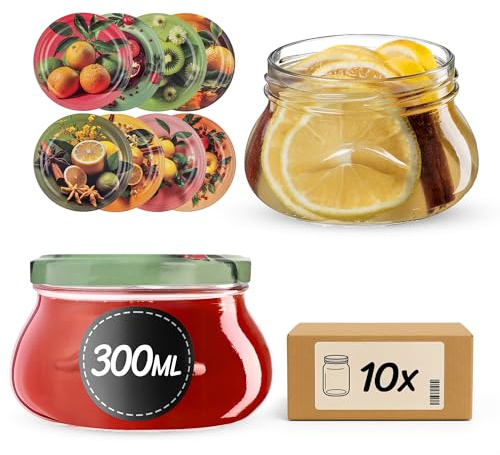 KADAX Tarros para mermelada TO82, 300 ml, tarros de conserva, tarros con tapa de rosca, tarros herméticos, miel y mermelada (frutas exóticas, 10 unidades)