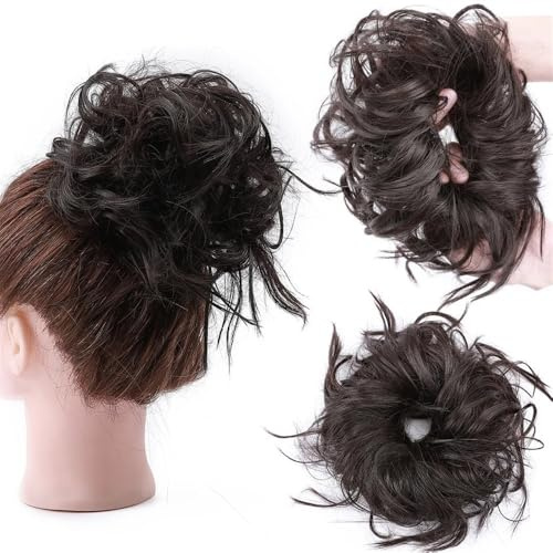 Unordentlicher Haarknoten, Haarteil for Frauen, flauschige, zerzauste Hochsteckfrisur, Haargummis, synthetischer, gewellter Haargummi-Pferdeschwanz, 45 g Hair Ponytail for Women Girls(Dark brown)