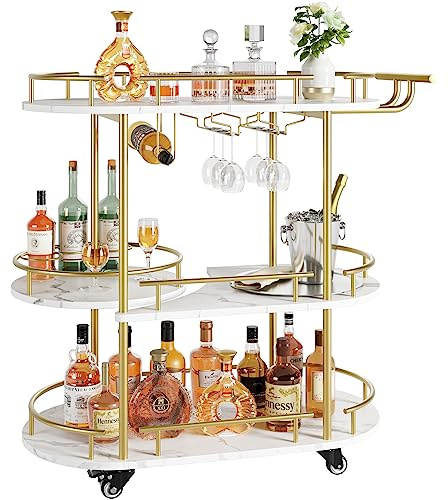 Muebles de Bar,Carros de Vino,Estante de Botellas de 3 Niveles, Ovalado, Base Blanca,Carro de deesert Estructura de Metal Dorado, construcción de gres porcelánico y Metal, Dimensiones 94 × 87 × 40 cm
