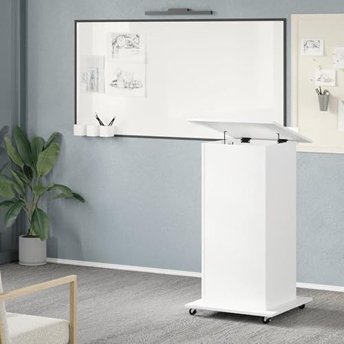 Eleganz Rednerpult mit Rollen & Schublade - Weiß 55x55x107 cm - Holzwerkstoff Pult für Großraumbüro - Mobiles & Praktisches Rednerpult für Präsentationen