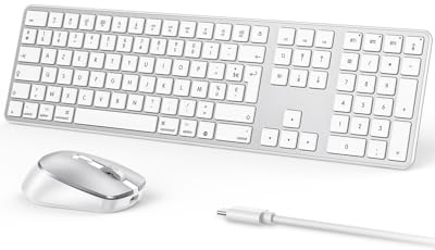 OMOTON Kit Clavier et Souris sans Fil Bluetooth pour Mac, Clavier et Souris Rechargeable avec 3 Canaux Bluetooth pour Apple Mac Pro/Mini, MacBook Pro/Air, iMac, iMac Pro, AZERTY Français, Argent