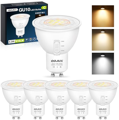 GU10 LED 5.2W 810LM, 3CCT Einstellbar Energieeffizienzklasse C Glühbirne | 3000K/ 4000K/ 6500K, 80W Halogenlampe Ersetzt, 38° Abstrahlwinkel GU10 Leuchtmittel Energiesparlampe, Nicht Dimmbar, 6 Stück