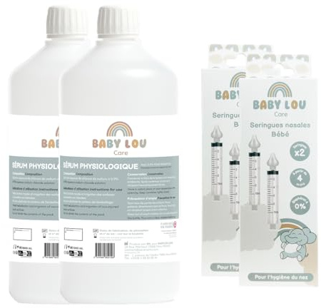 BABYLOU CARE | Sérum physiologique 2x1L + 4 seringues nasales réutilisables pour bébés | Pack complet pour l'hygiène nasale de bébé | Nettoyage nez & irrigation nasale | À partir de 4 mois