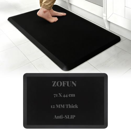 ZOFUN Anti Fatigue Mat 44 x 71 cm Black PVC Leather Kitchen Mat, 1.2 cm Cushioned Pad for Kitchen Floor, Standing Desk, Laundry Room and Home Worktop Areas