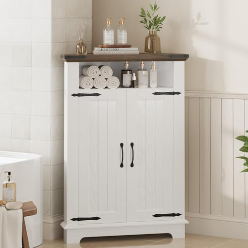 GarveeMore Kompakter Eckschrank Für Badezimmer, Modernes Badmöbel Mit Türen Aus Holz, Vielseitig Einsetzbar Als Badschrank, Küchenschrank Wohnzimmerregal, Möbel 56×38×82 h cm, Weiß