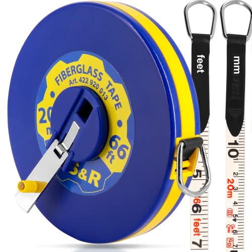 S&R Tape Measure Open Reel Surveyors Fibreglass 20 m/ 66 Ft INCH and Metric, Twice Marked, Width 13 mm