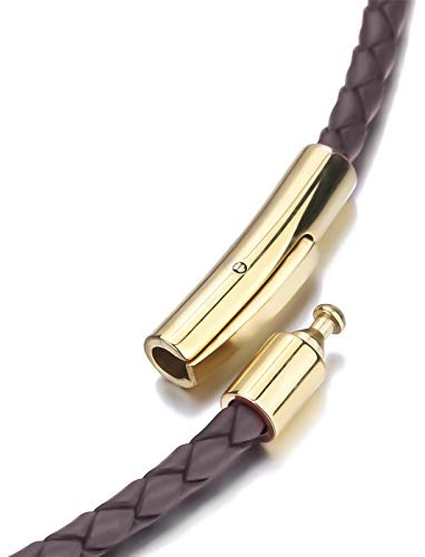 ELFASIO 3mm Mens Womens Brown Braided Leather Cord Gold Stainless Steel Secure Clasp Necklace Chain 20 inch