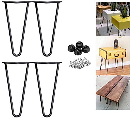10 inch Metal Table Legs 25cm Hairpin Leg Black 2 Rod 10mm Mid Century Modern Industrial Style for Coffee Tables Bench Desk Leg DIY Furniture w/Protector Feet & Screws (Set of 4)