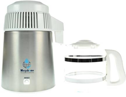 Megahome Distillateur MH943SWS en acier inoxydable/blanc + livre | Distillateur avec verseuse en verre | 4 litres d'eau pure distillée | Pas de contact avec le plastique | pas de filtre à eau
