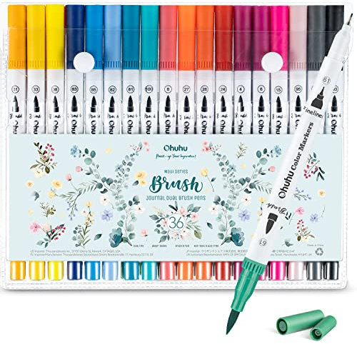 Ohuhu Dual Brush Pen Set, 36 Filzstifte Pinselstifte für Erwachsene Wasserbasis Doppelfasermaler Brush Pen für Kalligraphie Zeichnung Manga Malbuch Handlettering Stifte für Mandalas, Maui-Serie