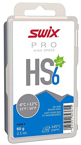 Swix HS06-6 - HIGH Speed Wax - HS6 Blue - 10 to 21 Degrees Fahrenheit - 60g Bar - Fluoro Free - Ski or Snowboard - FIS Approved
