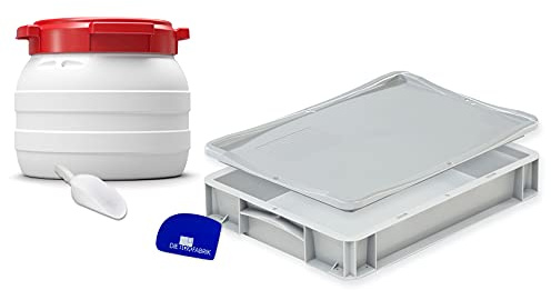Komplett Set: Pizzaballenbox (40x30x7cm) + Mehlbehälter 10 Liter, inkl. Teigschaber und Mehlschaufel, Kunststoffbehälter für Pizzateig und Mehlfass, Gärbox, Teigbox, Box mit Deckel und Fass