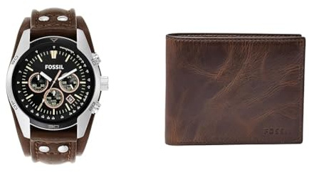 Fossil Herrenuhr Coachman, 45mm Gehäusegröße, Quarz-Chronographenwerk, Echtlederarmband Herren Derrick Leder Bifold Geldbörse 11,5 cm L x 2 cm B x 9 cm H