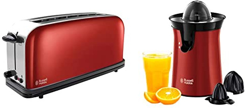 Russell Hobbs Tostadora Colours Plus 1 Ranura Larga y Ancha, para 2 Rebanadas + Exprimidor Eléctrico Colours Plus Exprimidor de Naranjas y Zumos, 2 Conos Intercambiables, Acero Inoxidable