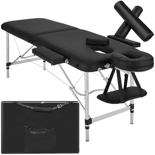 tectake 801044 Massageliege klappbar und höhenverstellbar, Aluminium Massagetisch mit 2 Zonen, Kopf- und Armstütze, Mobile Massagebank inkl. Tasche, Voll- und Halbrolle (Schwarz | Nr. 404600)