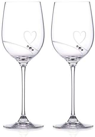 DIAMANTE Swarovski Crystal Red Wine Glasses - 'Romance' - Hand Cut Heart Design with Swarovski Crystals with Gift Box
