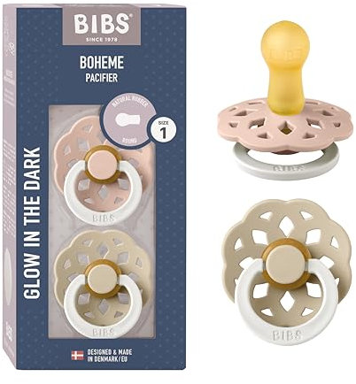 BIBS Boheme Glow Schnuller 2er-Pack. BPA-frei. Leuchtet im Dunkeln., Kirschform Nippel. Naturkautschuk/Latex, Hergestellt in Dänemark. 0-6 Monate (2er Pack), Blush Glow/Vanilla Glow