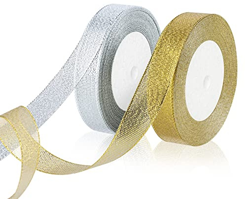 2 Rollen Weihnachtsband, Gold- und Silber-Organza-Bänder für Weihnachtsgeschenke, Verpackungen, Weihnachtsbaum, Basteln, 20 mm x 22 m