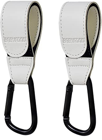 2 ganci per passeggino da appendere, in pelle, portatili, con clip per passeggino, per borse per pannolini, borse della spesa, gancio per mamma per passeggino (bianco)