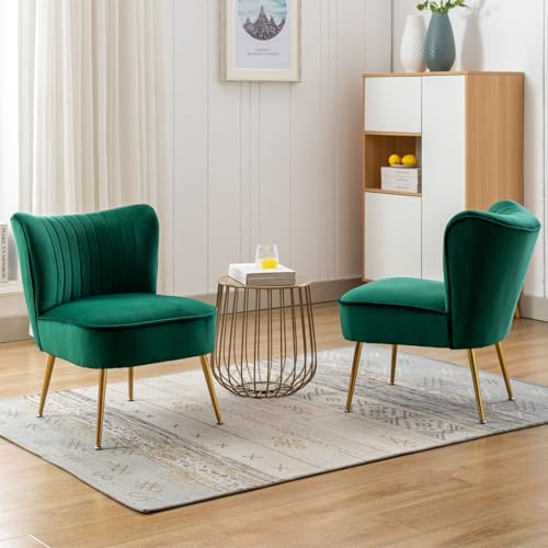 chairus Sessel Wohnzimmer 2 er Set aus Samt, Gepolsterter Relaxsessel mit Metallbeinen Einzelsofa, Akzentstuhl Loungesessel für Schlafzimmer Wohnzimmer Balkon, Grün