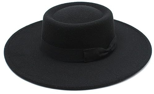 Vintage Wide Brim Flat-Top Fedora Hat - Panama, Porkpie, Boater, Church, Derby, Jazz Hat with Bow Belt (Black)