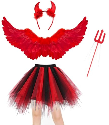 4 pezzi angelo costume signore set 80CM ali d'angelo rosso adulto angelo diavolo fata costume gonna di tulle con corna diavolo bacchetta magica per carnevale Halloween cosplay costume in maschera