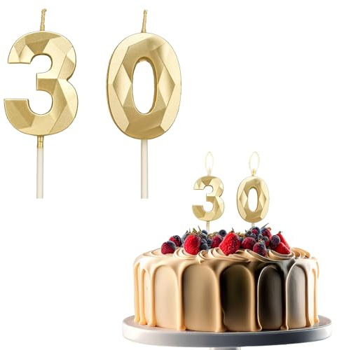 JEKUGOT 30th Birthday Candles for Cakes, Number 30 Candle, Gold Candle, Cake Candles Cake Topper Decorations for Birthday Party, Wedding, and Anniversary Celebration Supplies